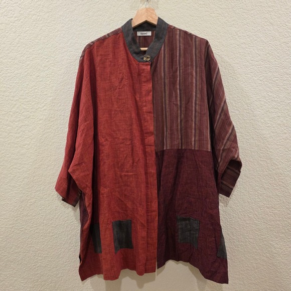 Version 7 Jackets & Blazers - Version 7 Linen Colorblock Patchwork Tunic XL Rust Burgundy Striped Lagenlook